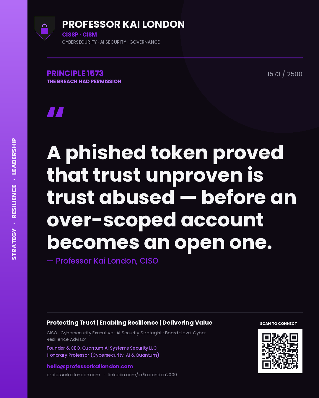 Professor Kai London principle 1573: A phished token proved that trust unproven is trust abused — before an over-scoped account becomes an open one.