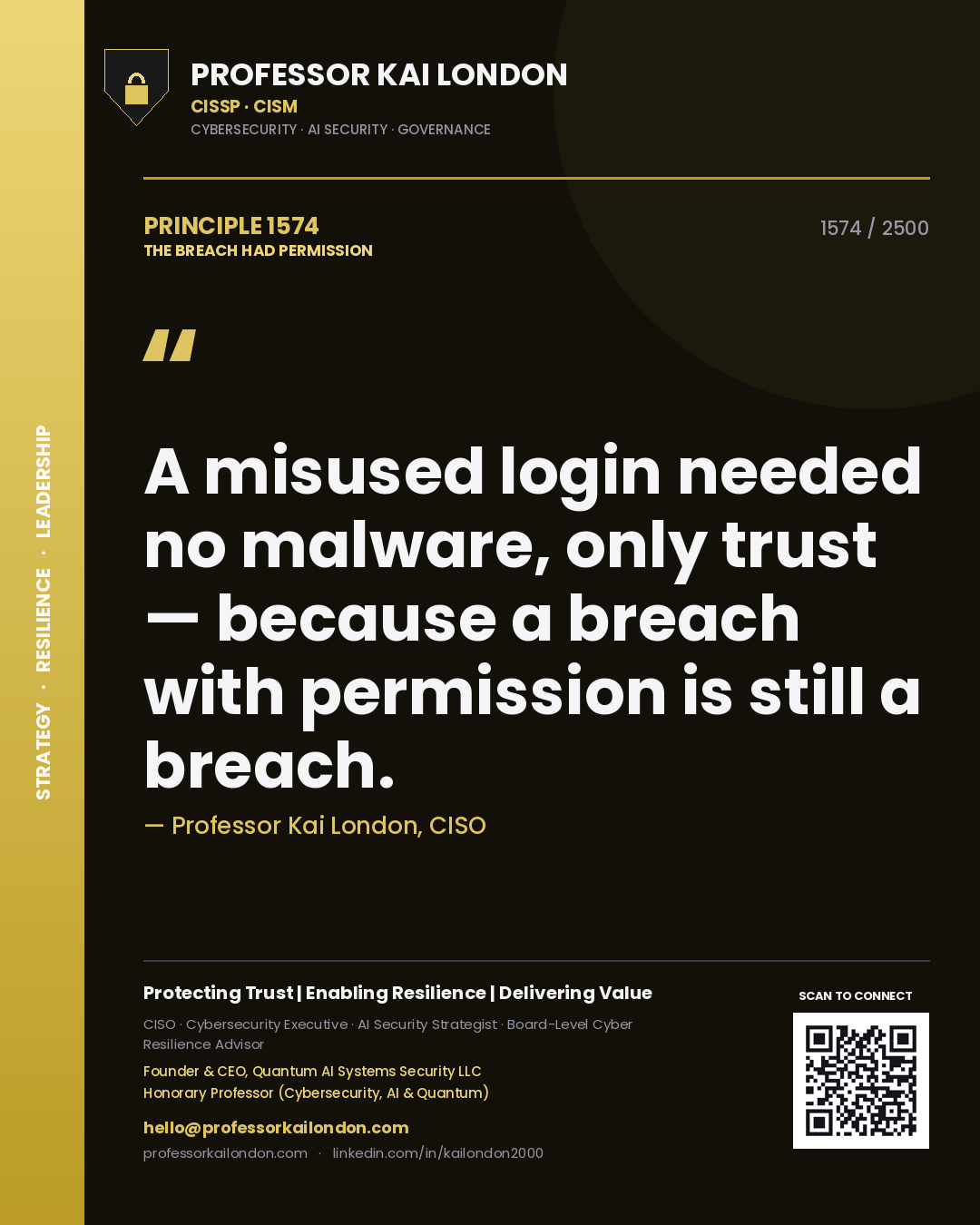 Professor Kai London principle 1574: A misused login needed no malware, only trust — because a breach with permission is still a breach.