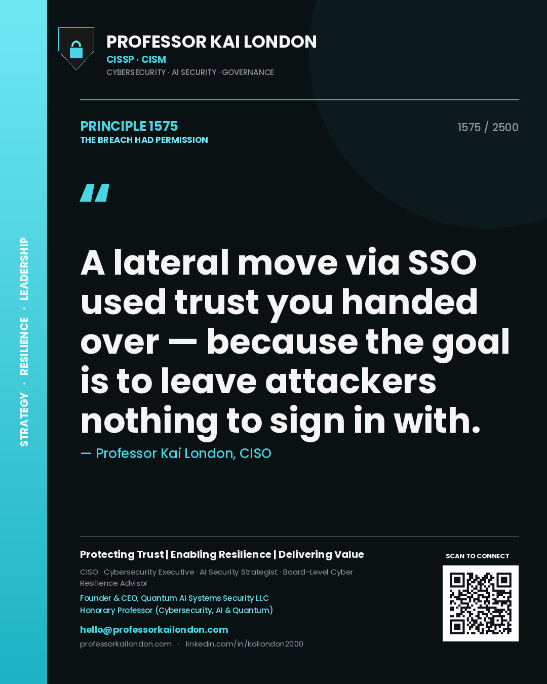 Quote card by Professor Kai London reading 'A lateral move via SSO used trust you handed over — because the goal is to leave attackers nothing to sign in with.'. From the book The Breach Had Permission.
