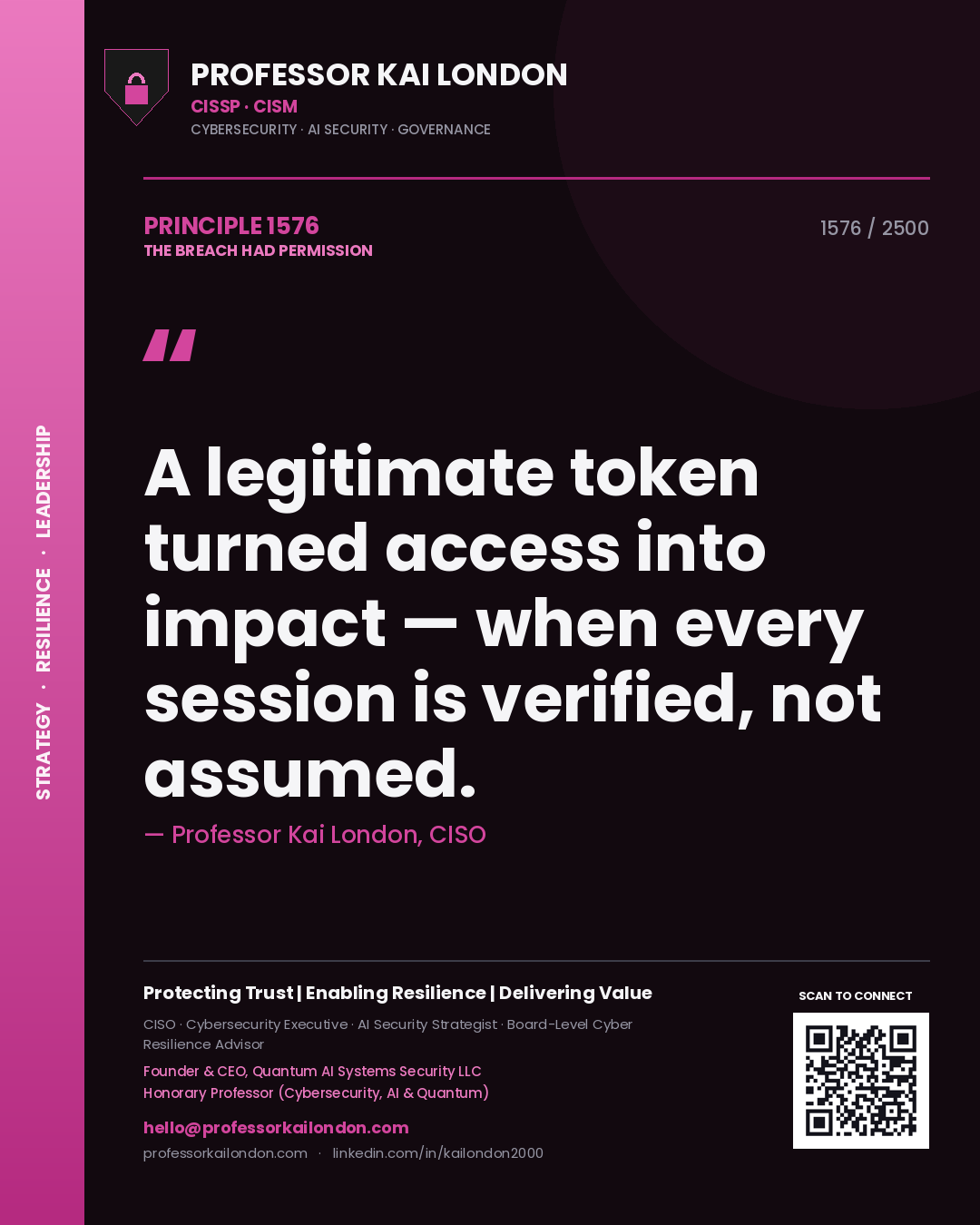 Quote card by Professor Kai London reading 'A legitimate token turned access into impact — when every session is verified, not assumed.'. From the book The Breach Had Permission.