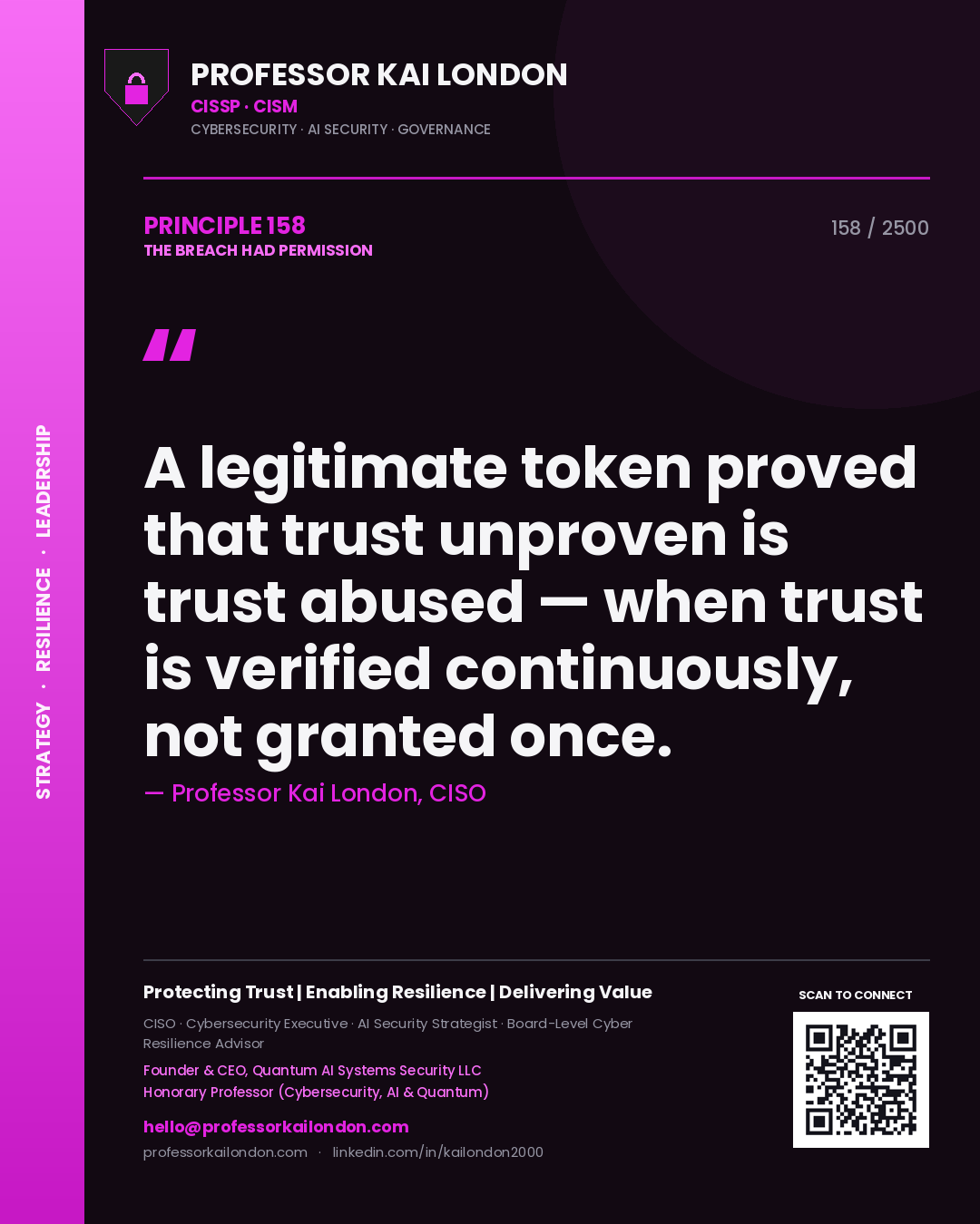 Quote card by Professor Kai London reading 'A legitimate token proved that trust unproven is trust abused — when trust is verified continuously, not granted once.'. From the book The Breach Had Permission.