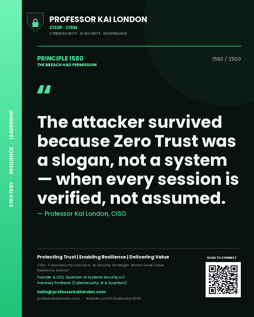 Professor Kai London principle 1580: The attacker survived because Zero Trust was a slogan, not a system — when every session is verified, not assumed.