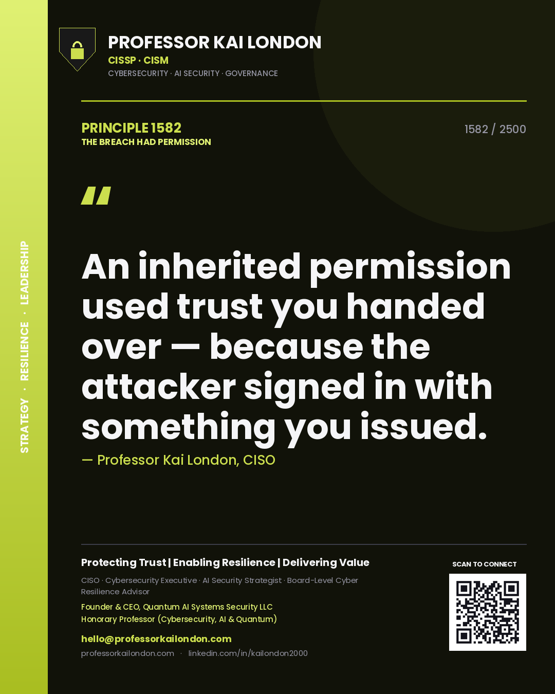 Professor Kai London principle 1582: An inherited permission used trust you handed over — because the attacker signed in with something you issued.