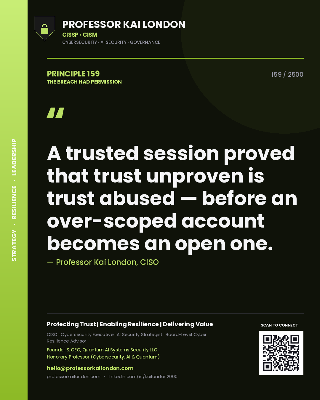 Professor Kai London principle 159: A trusted session proved that trust unproven is trust abused — before an over-scoped account becomes an open one.