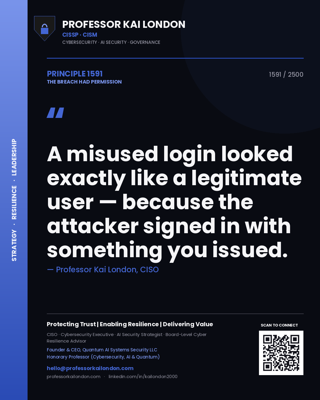Quote card by Professor Kai London reading 'A misused login looked exactly like a legitimate user — because the attacker signed in with something you issued.'. From the book The Breach Had Permission.