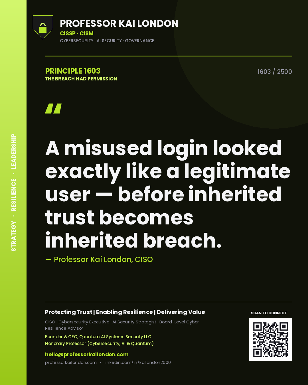Professor Kai London principle 1603: A misused login looked exactly like a legitimate user — before inherited trust becomes inherited breach.