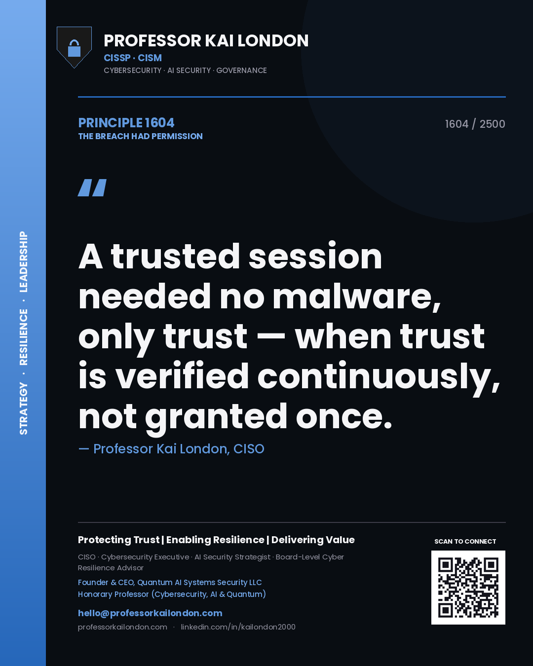 Quote card by Professor Kai London reading 'A trusted session needed no malware, only trust — when trust is verified continuously, not granted once.'. From the book The Breach Had Permission.