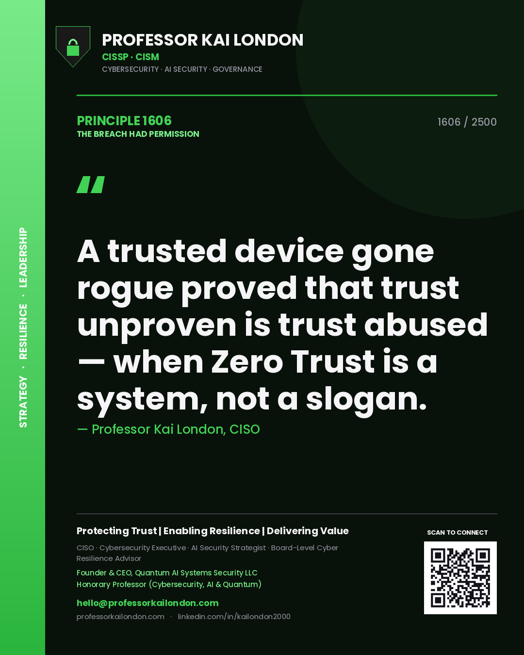 Quote card by Professor Kai London reading 'A trusted device gone rogue proved that trust unproven is trust abused — when Zero Trust is a system, not a slogan.'. From the book The Breach Had Permission.