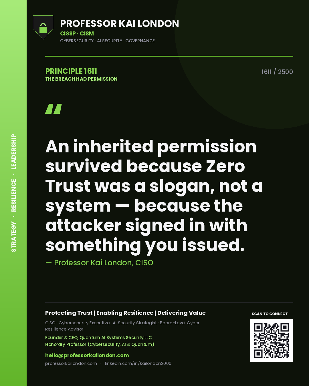 Professor Kai London principle 1611: An inherited permission survived because Zero Trust was a slogan, not a system — because the attacker signed in with something you issued.