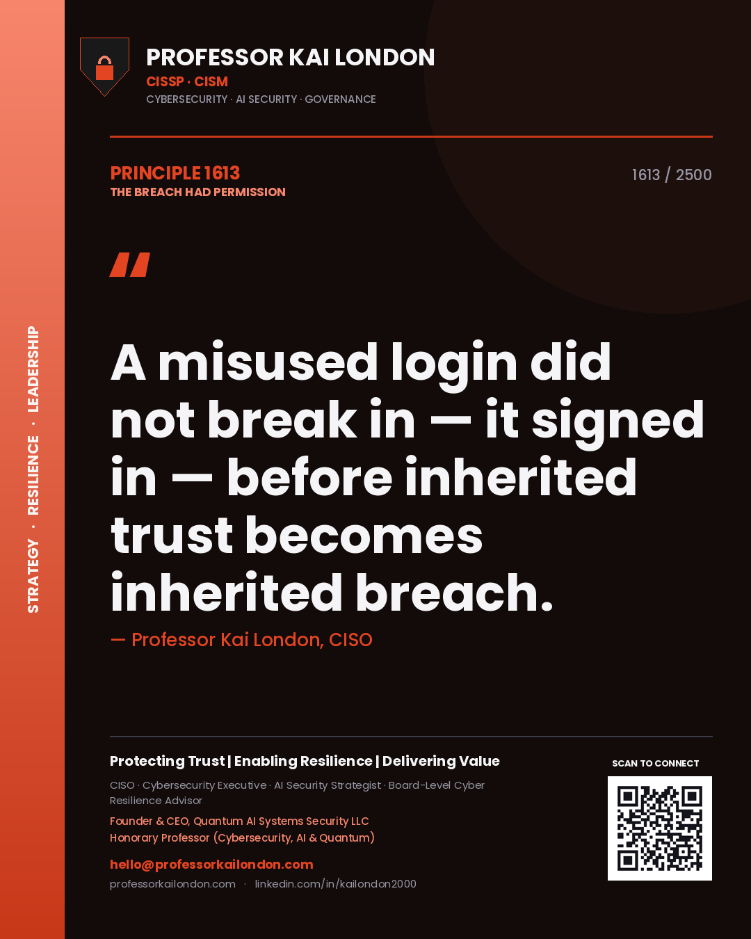 Professor Kai London principle 1613: A misused login did not break in — it signed in — before inherited trust becomes inherited breach.