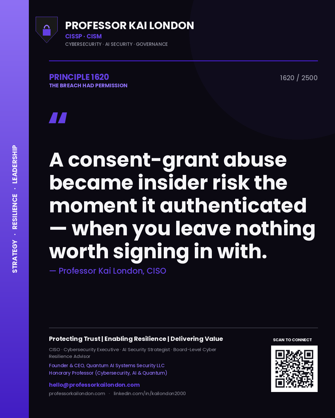 Professor Kai London principle 1620: A consent-grant abuse became insider risk the moment it authenticated — when you leave nothing worth signing in with.