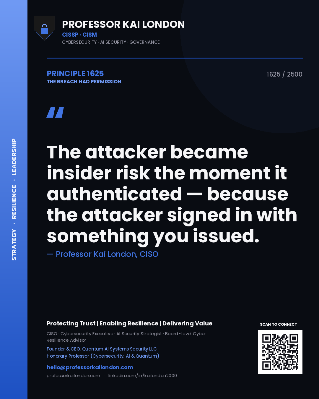Professor Kai London principle 1625: The attacker became insider risk the moment it authenticated — because the attacker signed in with something you issued.