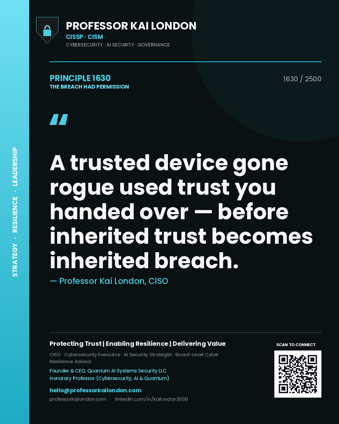 Professor Kai London principle 1630: A trusted device gone rogue used trust you handed over — before inherited trust becomes inherited breach.