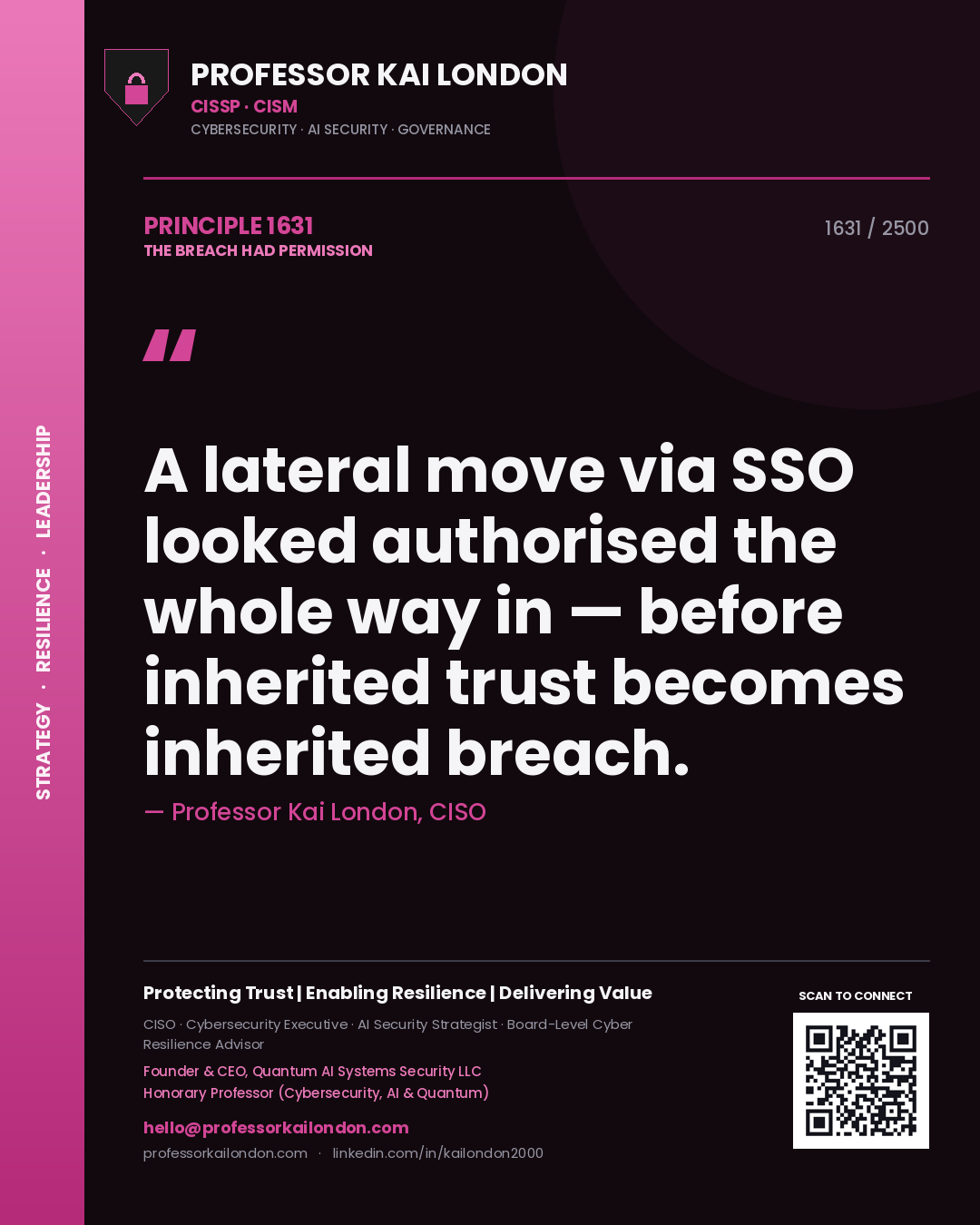 Professor Kai London principle 1631: A lateral move via SSO looked authorised the whole way in — before inherited trust becomes inherited breach.