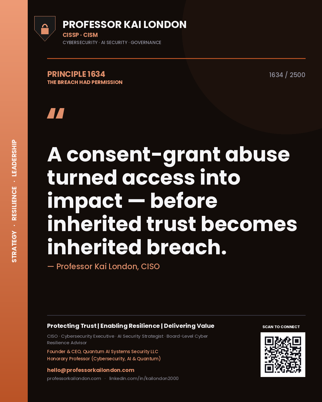 Quote card by Professor Kai London reading 'A consent-grant abuse turned access into impact — before inherited trust becomes inherited breach.'. From the book The Breach Had Permission.