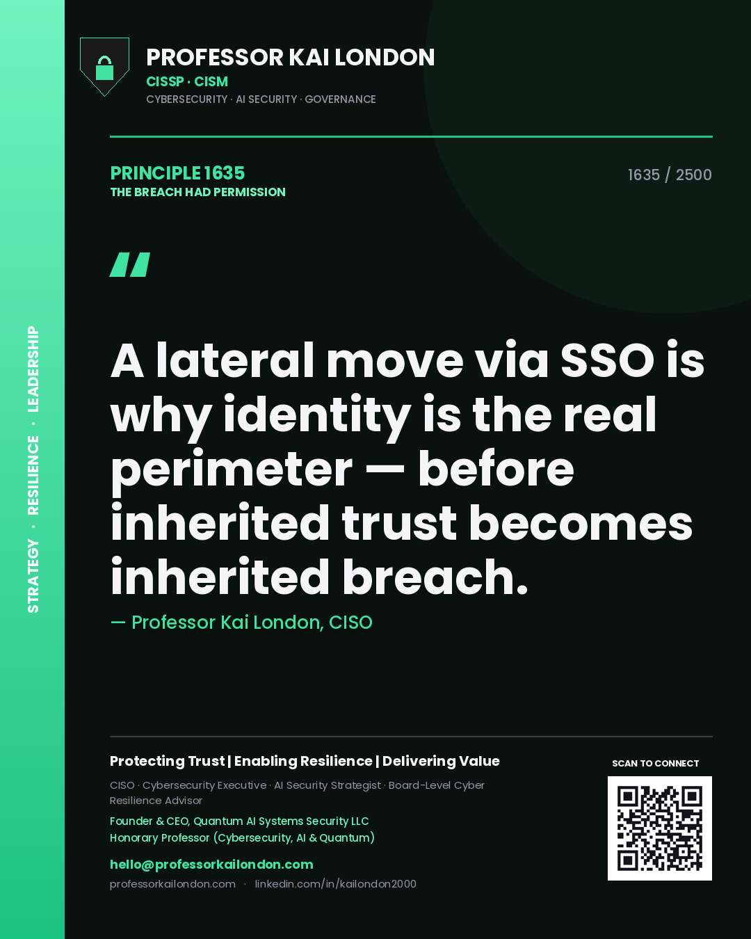 Professor Kai London principle 1635: A lateral move via SSO is why identity is the real perimeter — before inherited trust becomes inherited breach.