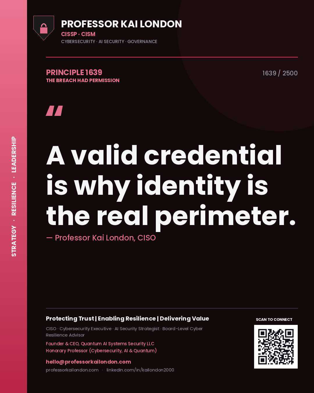 Quote card by Professor Kai London reading 'A valid credential is why identity is the real perimeter.'. From the book The Breach Had Permission.