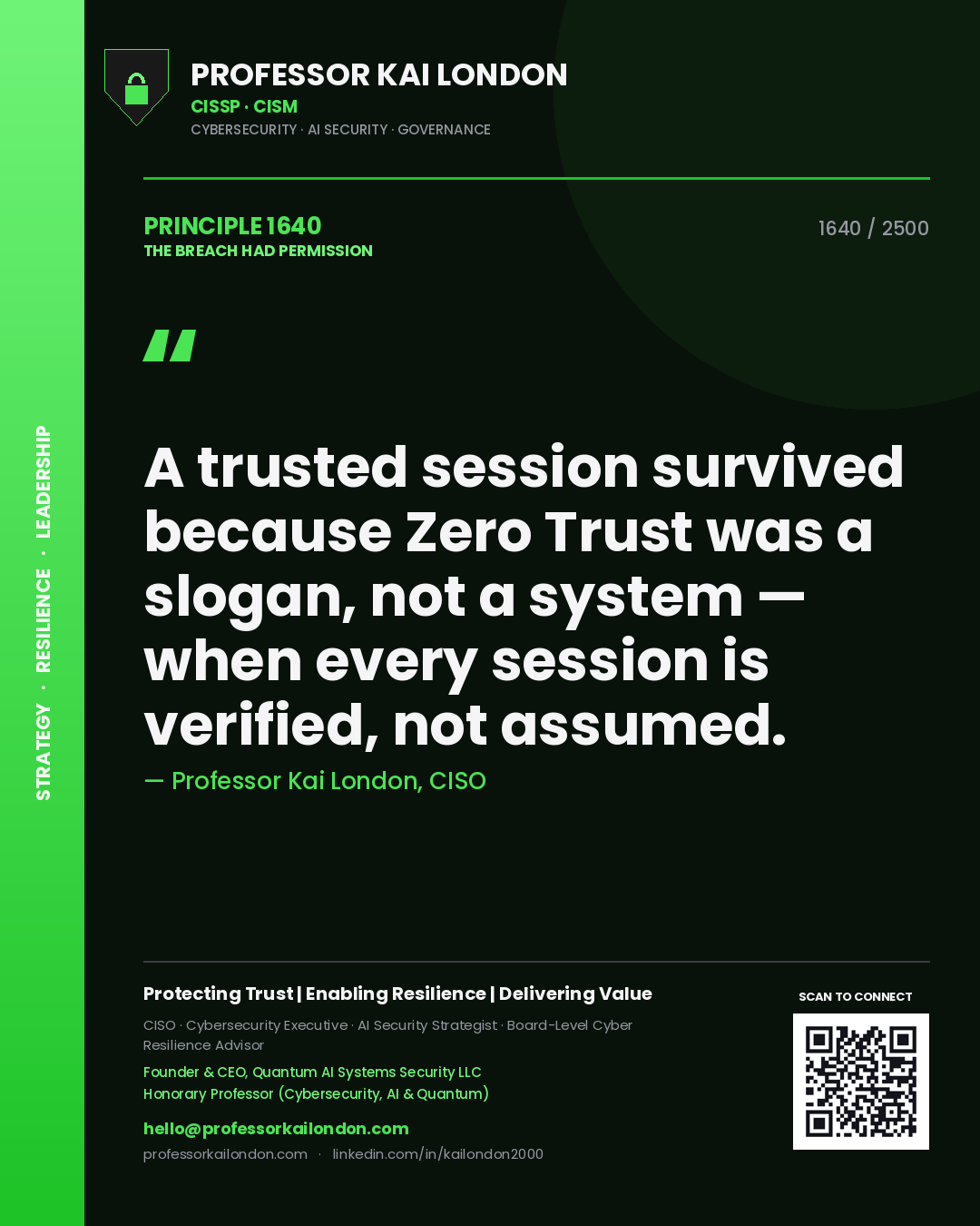 Quote card by Professor Kai London reading 'A trusted session survived because Zero Trust was a slogan, not a system — when every session is verified, not assumed.'. From the book The Breach Had Permission.