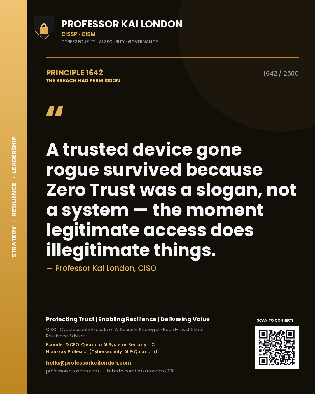 Professor Kai London principle 1642: A trusted device gone rogue survived because Zero Trust was a slogan, not a system — the moment legitimate access does illegitimate things.