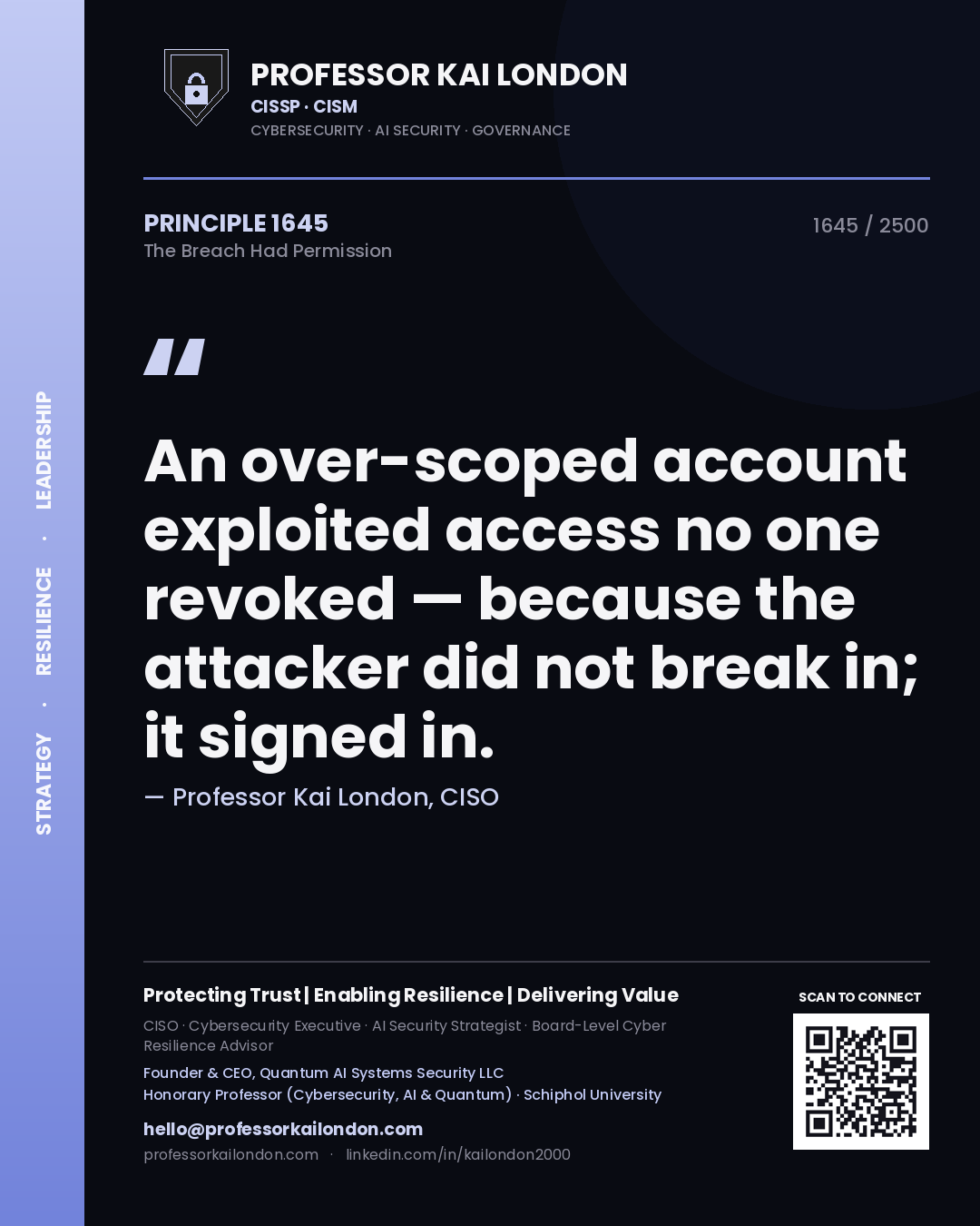 Quote card by Professor Kai London reading 'An over-scoped account exploited access no one revoked — because the attacker did not break in; it signed in.'. From the book The Breach Had Permission.