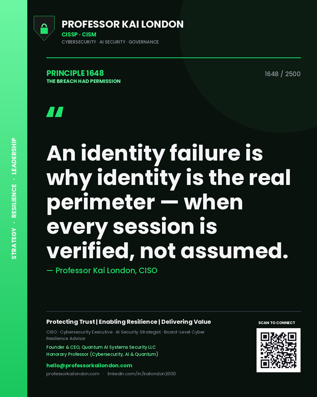 Professor Kai London principle 1648: An identity failure is why identity is the real perimeter — when every session is verified, not assumed.