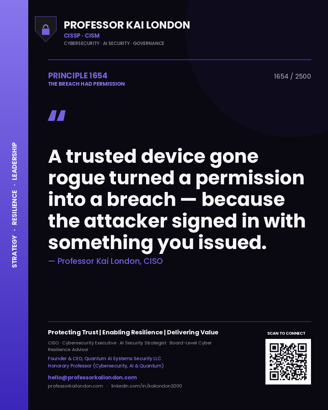 Professor Kai London principle 1654: A trusted device gone rogue turned a permission into a breach — because the attacker signed in with something you issued.