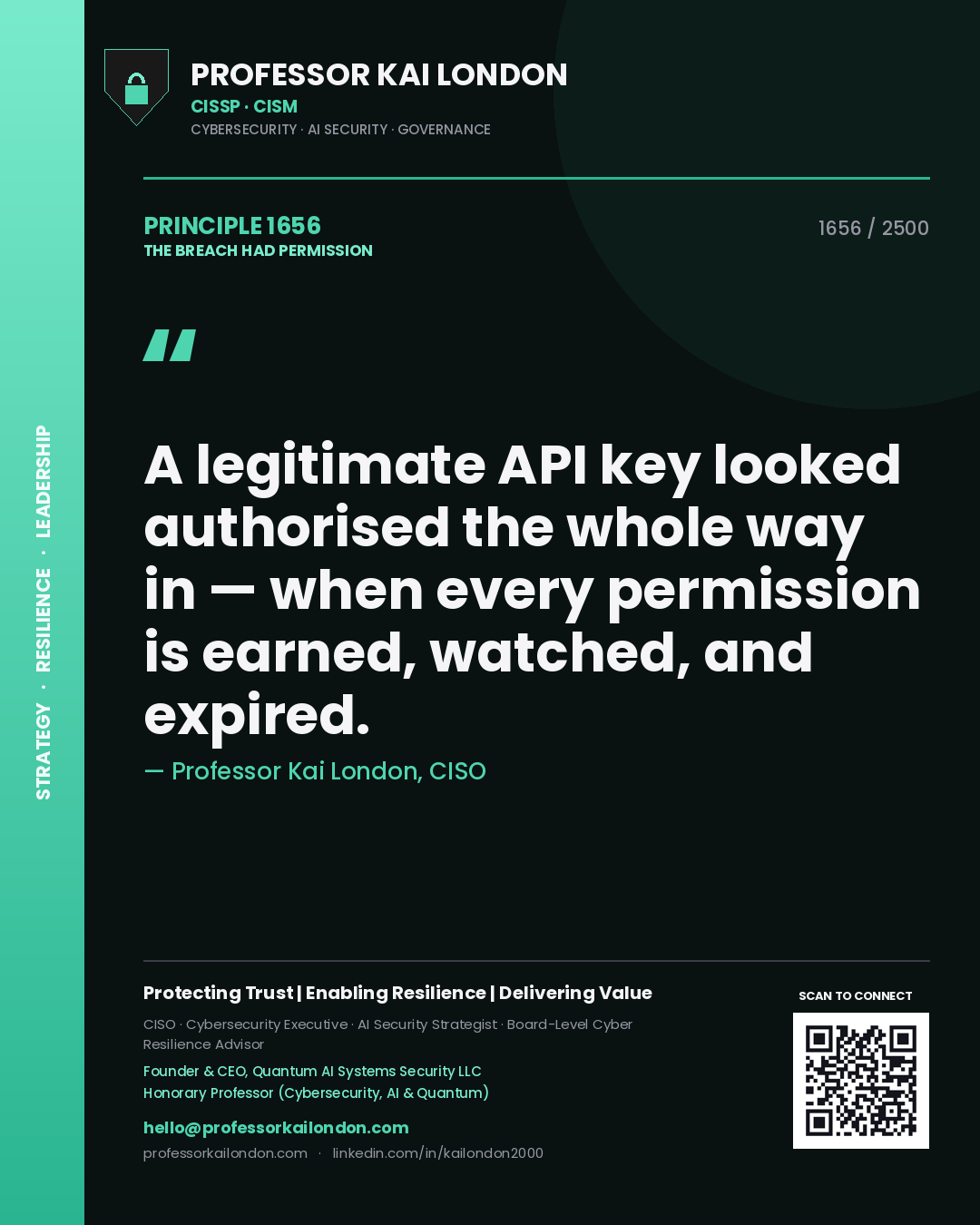 Professor Kai London principle 1656: A legitimate API key looked authorised the whole way in — when every permission is earned, watched, and expired.