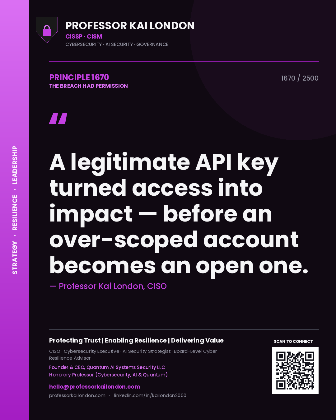 Quote card by Professor Kai London reading 'A legitimate API key turned access into impact — before an over-scoped account becomes an open one.'. From the book The Breach Had Permission.