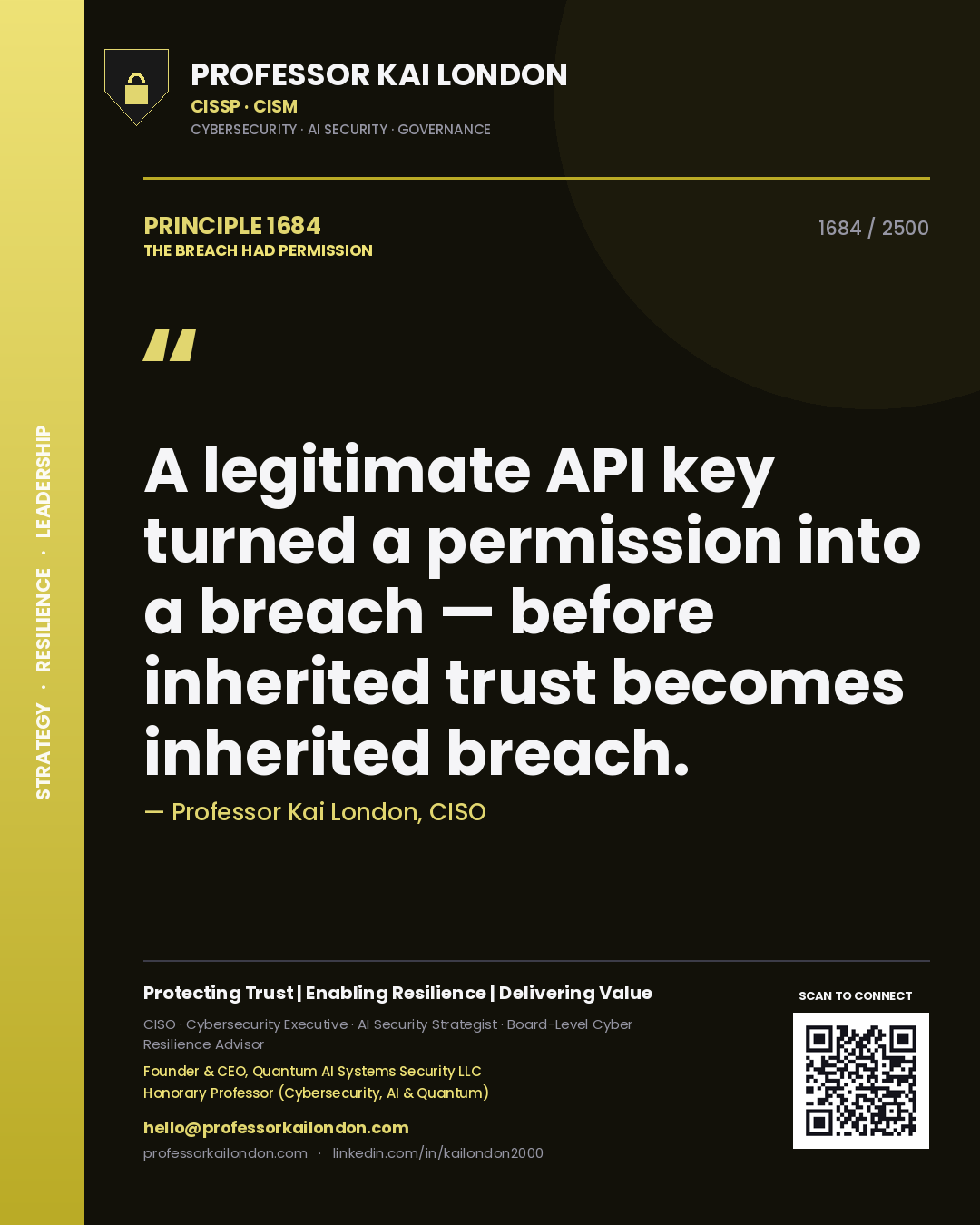 Quote card by Professor Kai London reading 'A legitimate API key turned a permission into a breach — before inherited trust becomes inherited breach.'. From the book The Breach Had Permission.