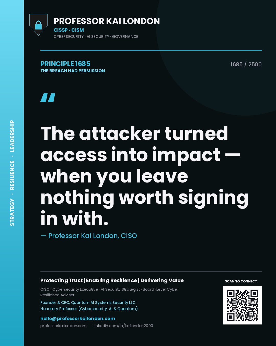 Professor Kai London principle 1685: The attacker turned access into impact — when you leave nothing worth signing in with.