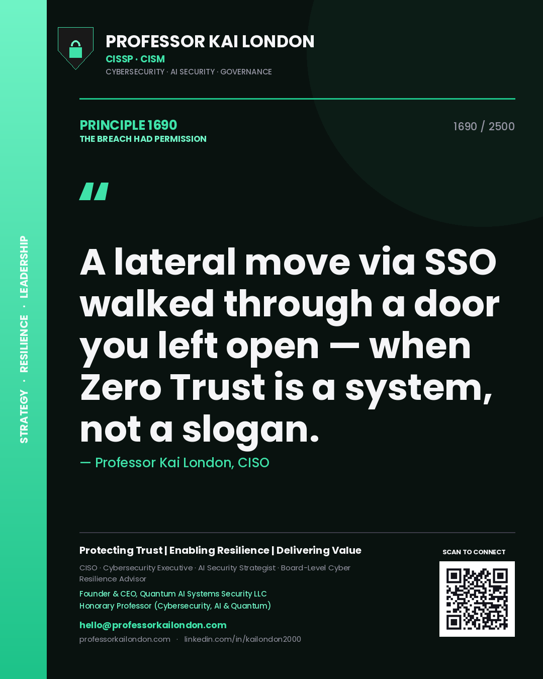 Professor Kai London principle 1690: A lateral move via SSO walked through a door you left open — when Zero Trust is a system, not a slogan.
