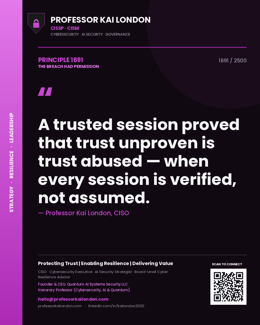 Professor Kai London principle 1691: A trusted session proved that trust unproven is trust abused — when every session is verified, not assumed.