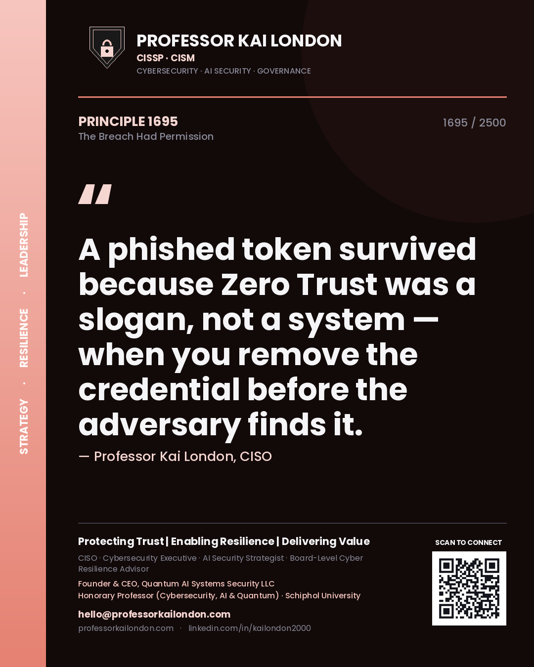 Quote card by Professor Kai London reading 'A phished token survived because Zero Trust was a slogan, not a system — when you remove the credential before the adversary finds it.'. From the book The Breach Had Permission.