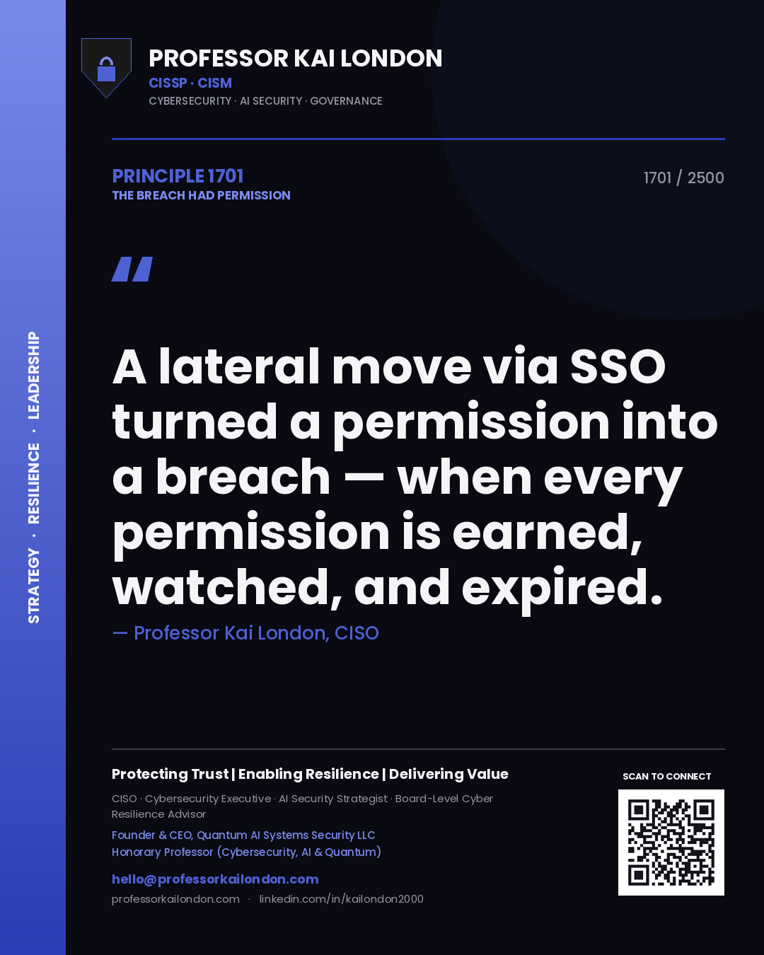 Quote card by Professor Kai London reading 'A lateral move via SSO turned a permission into a breach — when every permission is earned, watched, and expired.'. From the book The Breach Had Permission.