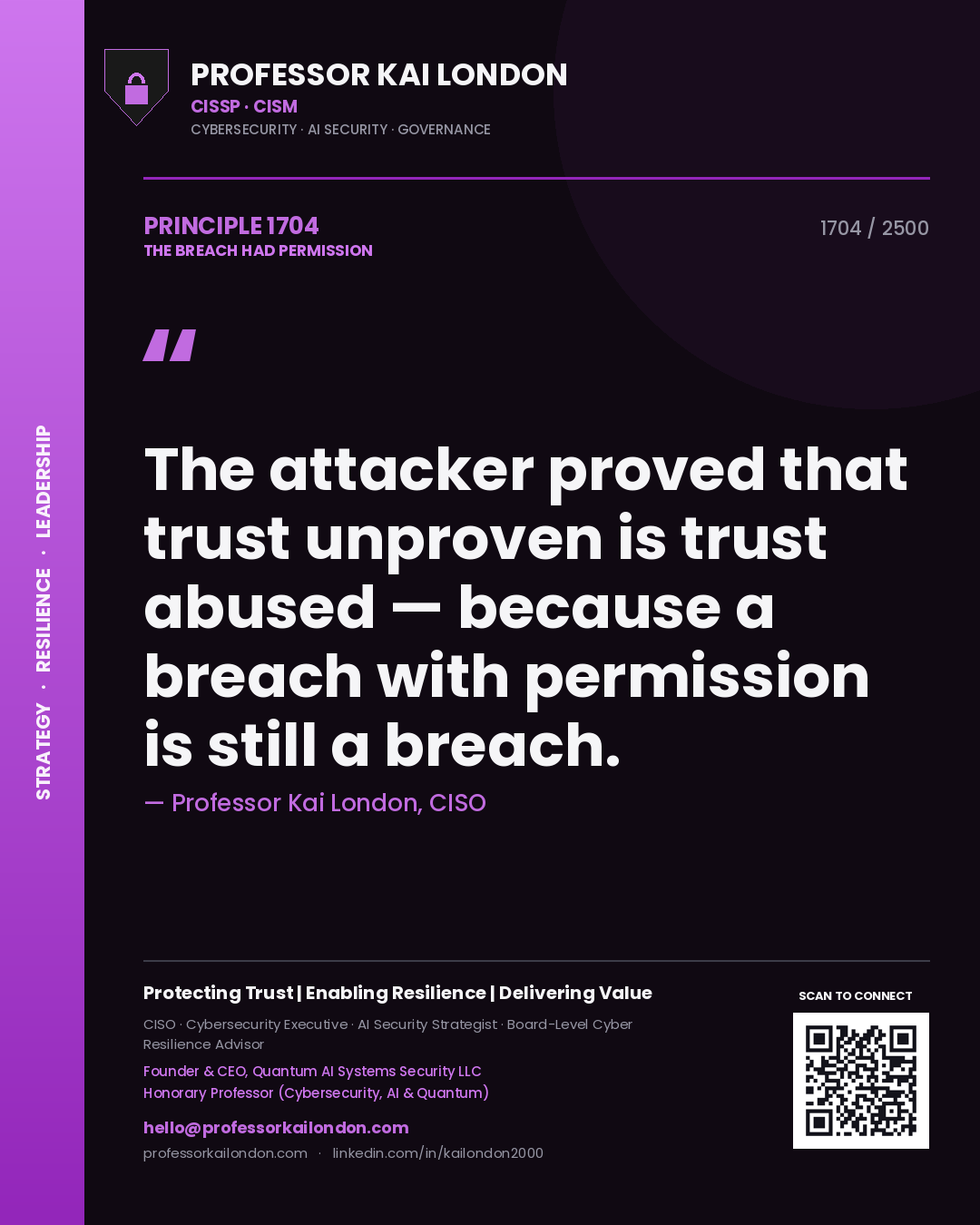 Quote card by Professor Kai London reading 'The attacker proved that trust unproven is trust abused — because a breach with permission is still a breach.'. From the book The Breach Had Permission.