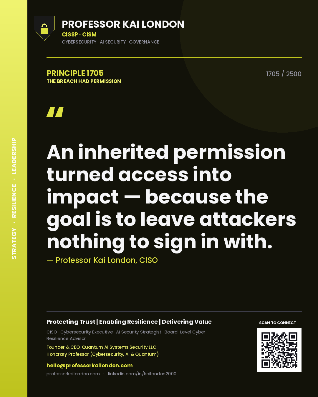 Professor Kai London principle 1705: An inherited permission turned access into impact — because the goal is to leave attackers nothing to sign in with.