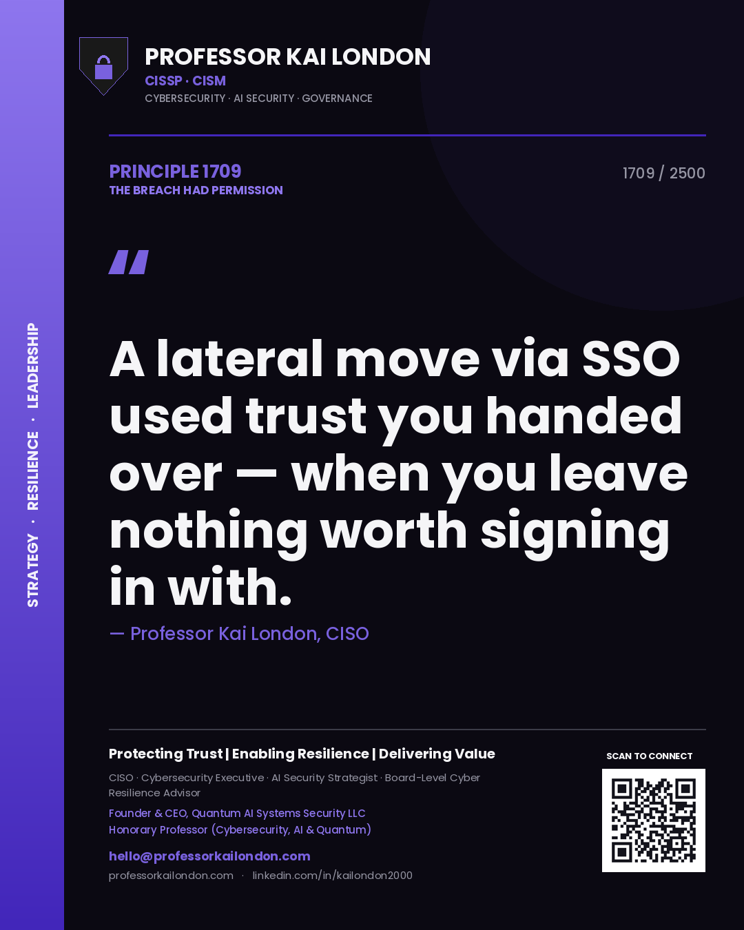 Quote card by Professor Kai London reading 'A lateral move via SSO used trust you handed over — when you leave nothing worth signing in with.'. From the book The Breach Had Permission.