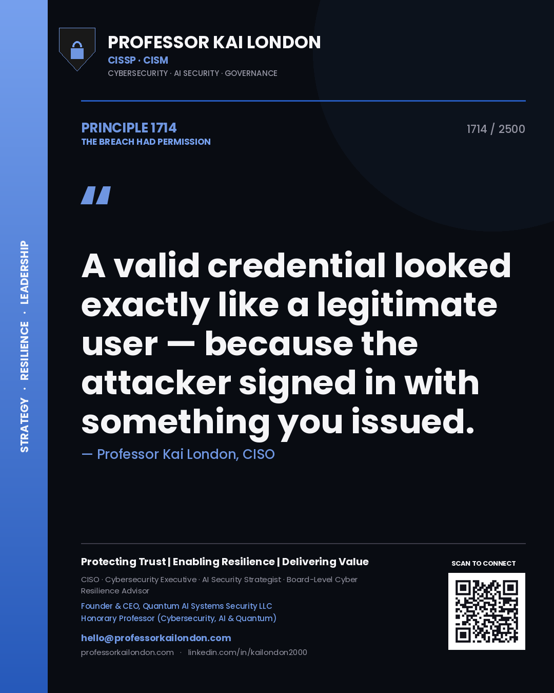 Professor Kai London principle 1714: A valid credential looked exactly like a legitimate user — because the attacker signed in with something you issued.