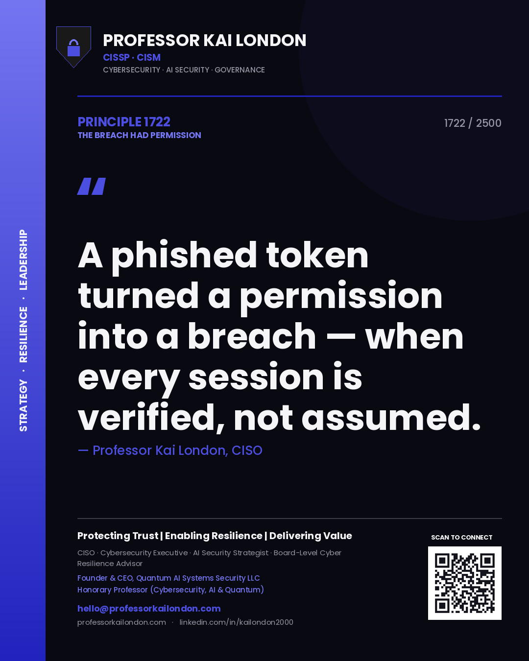 Professor Kai London principle 1722: A phished token turned a permission into a breach — when every session is verified, not assumed.