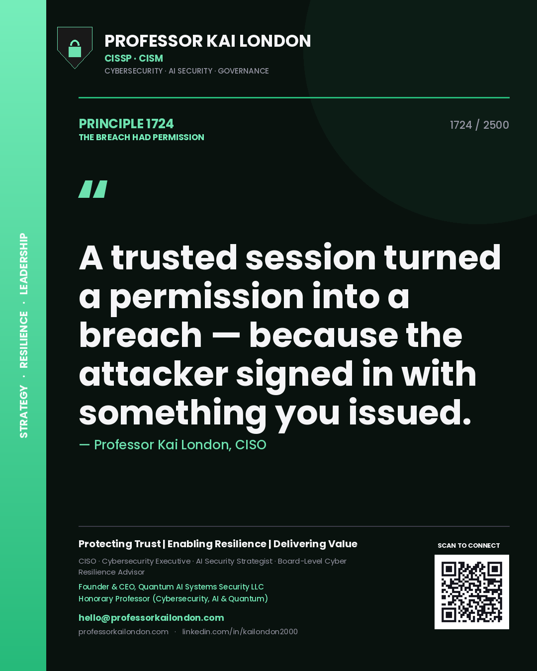 Quote card by Professor Kai London reading 'A trusted session turned a permission into a breach — because the attacker signed in with something you issued.'. From the book The Breach Had Permission.