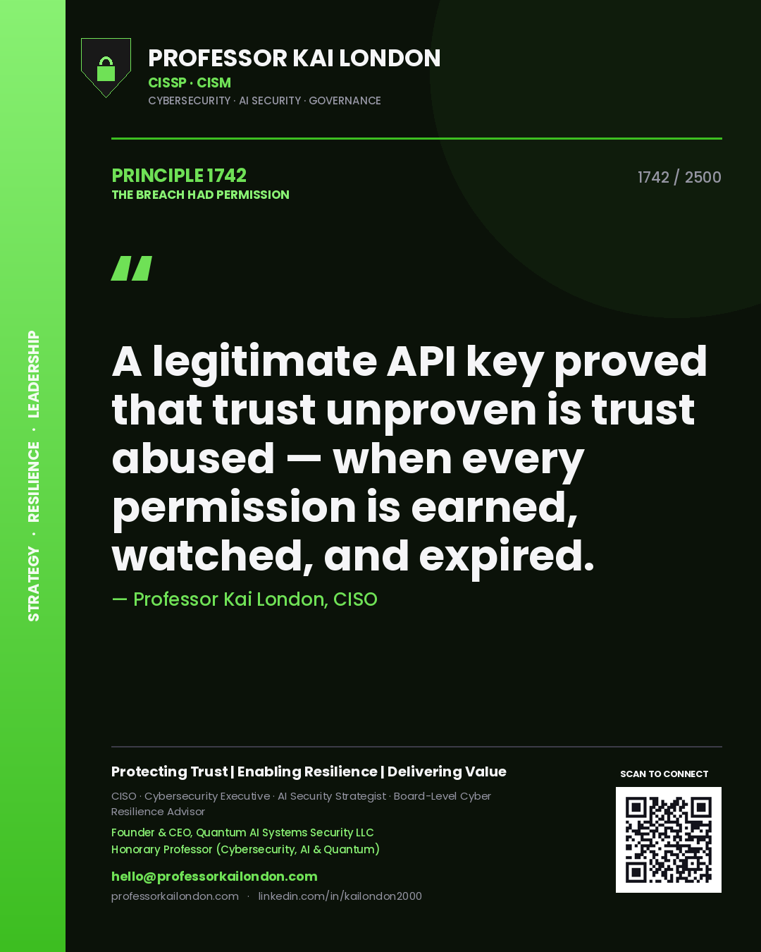 Professor Kai London principle 1742: A legitimate API key proved that trust unproven is trust abused — when every permission is earned, watched, and expired.