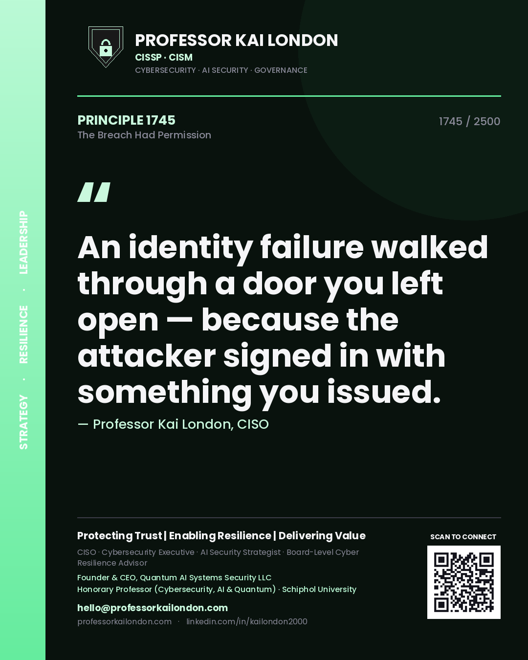 Quote card by Professor Kai London reading 'An identity failure walked through a door you left open — because the attacker signed in with something you issued.'. From the book The Breach Had Permission.