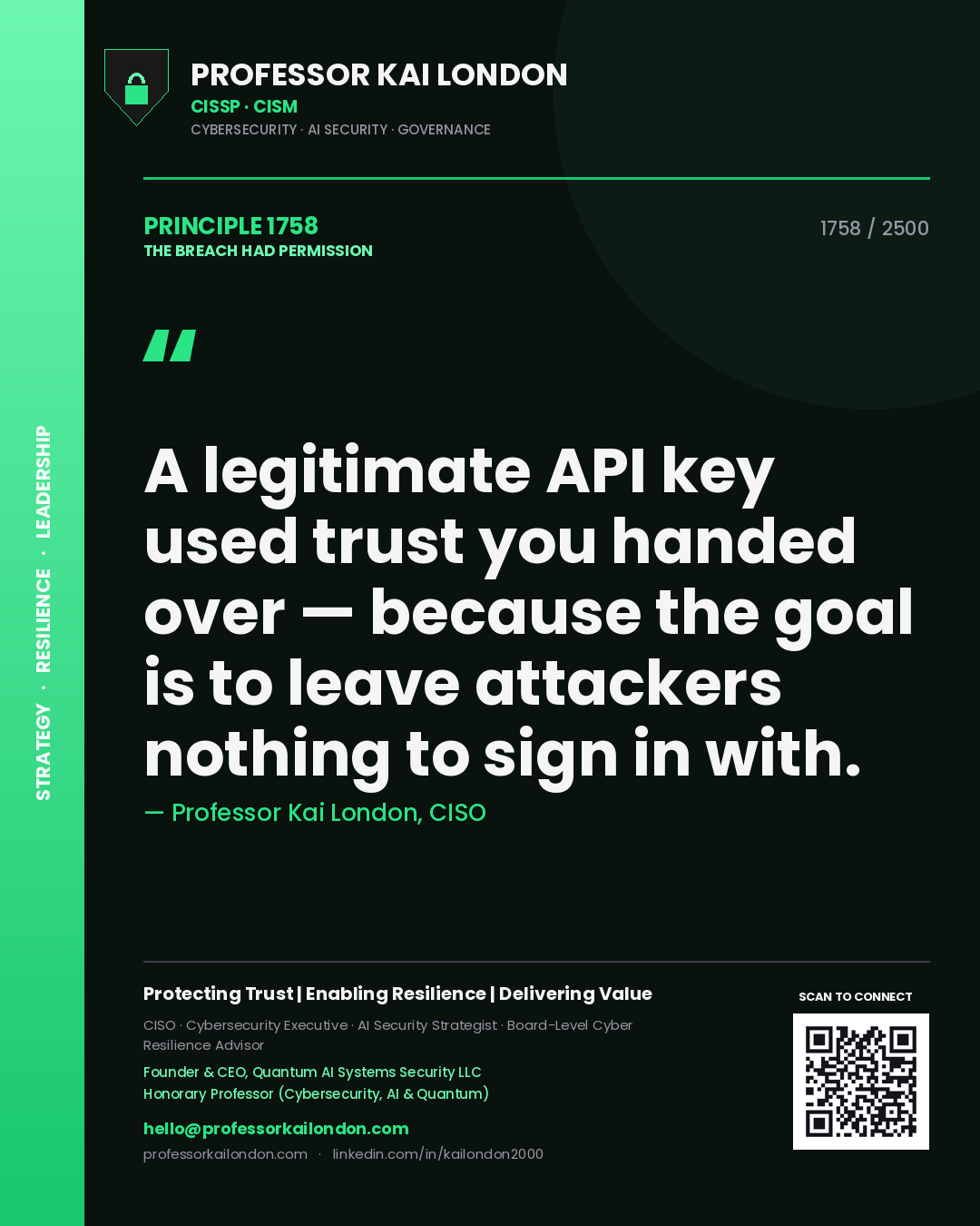 Quote card by Professor Kai London reading 'A legitimate API key used trust you handed over — because the goal is to leave attackers nothing to sign in with.'. From the book The Breach Had Permission.