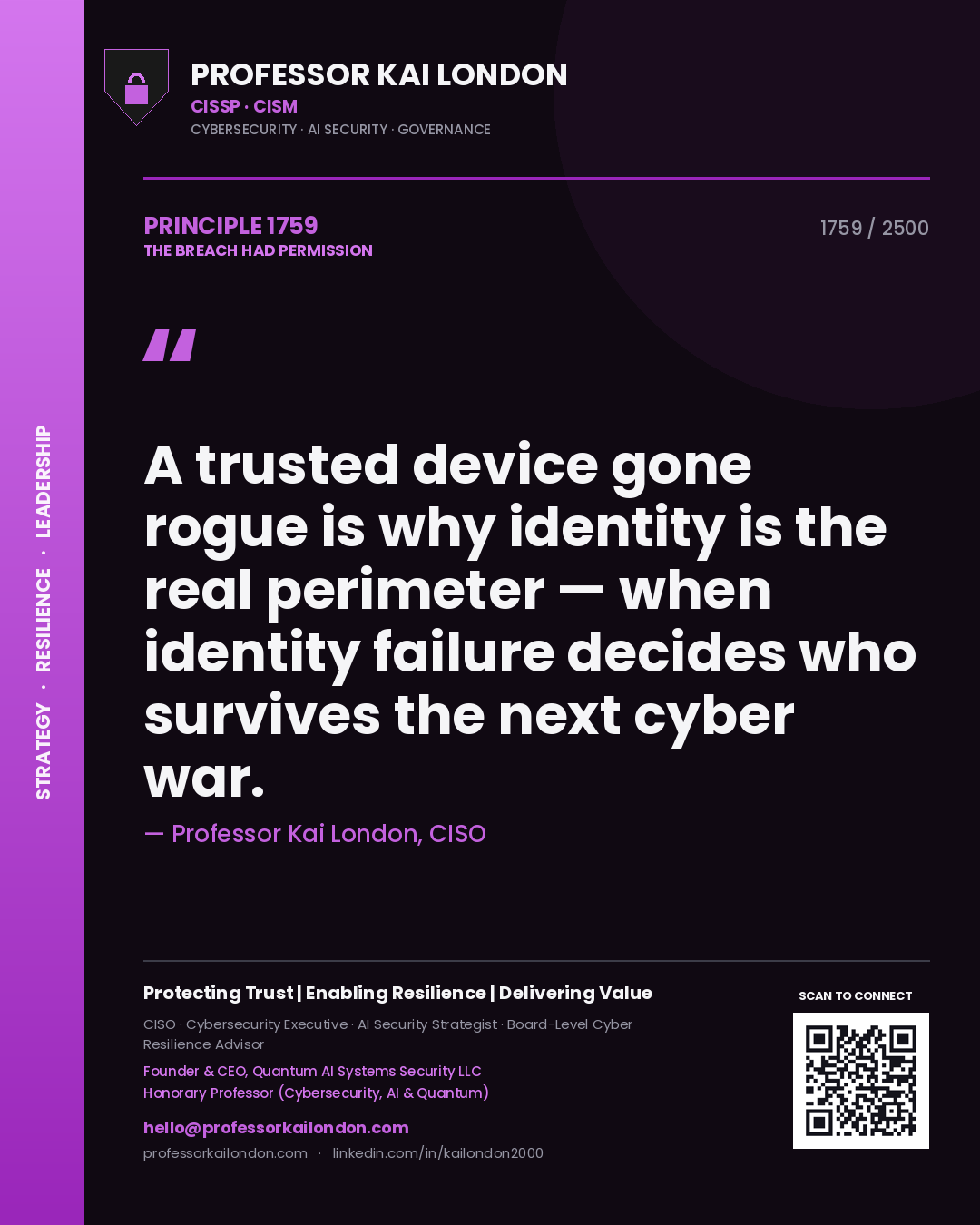 Professor Kai London principle 1759: A trusted device gone rogue is why identity is the real perimeter — when identity failure decides who survives the next cyber war.