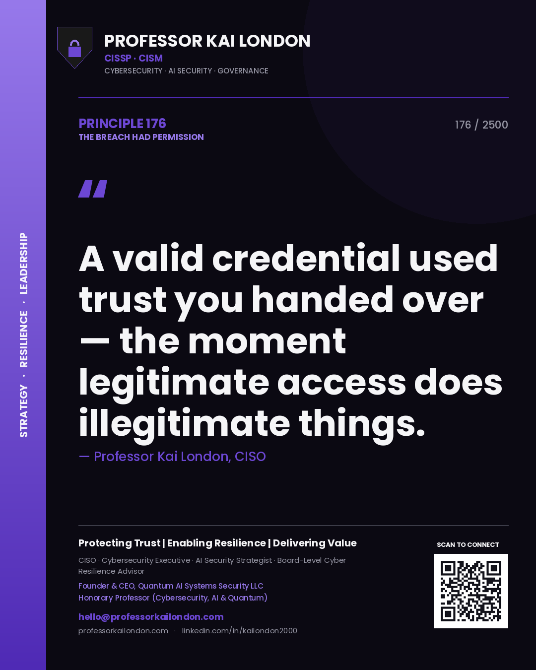 Professor Kai London principle 176: A valid credential used trust you handed over — the moment legitimate access does illegitimate things.