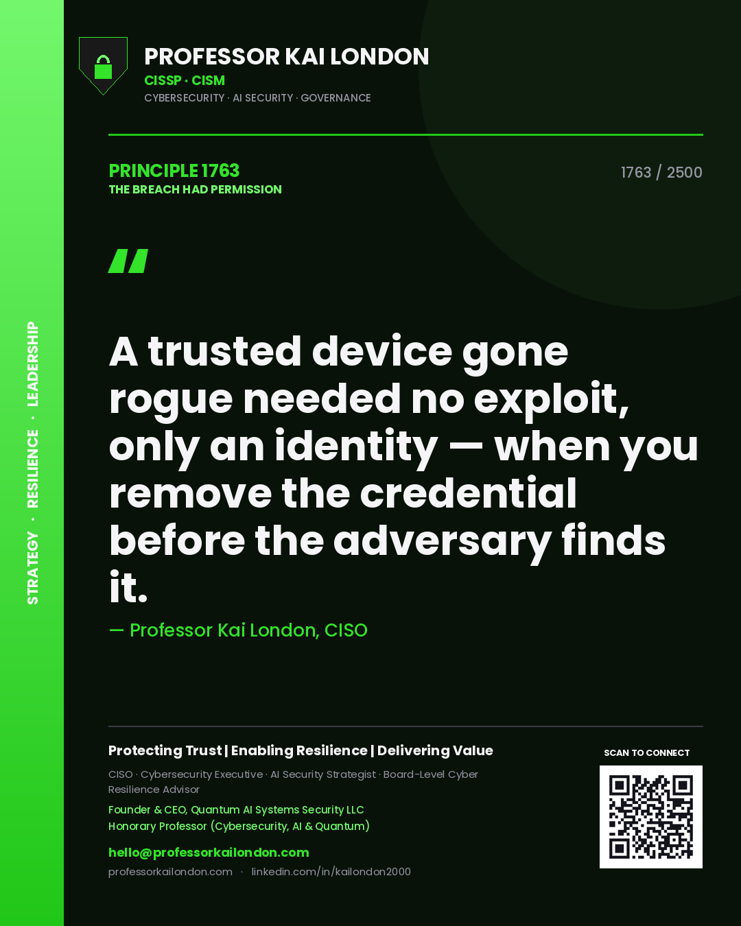 Quote card by Professor Kai London reading 'A trusted device gone rogue needed no exploit, only an identity — when you remove the credential before the adversary finds it.'. From the book The Breach Had Permission.