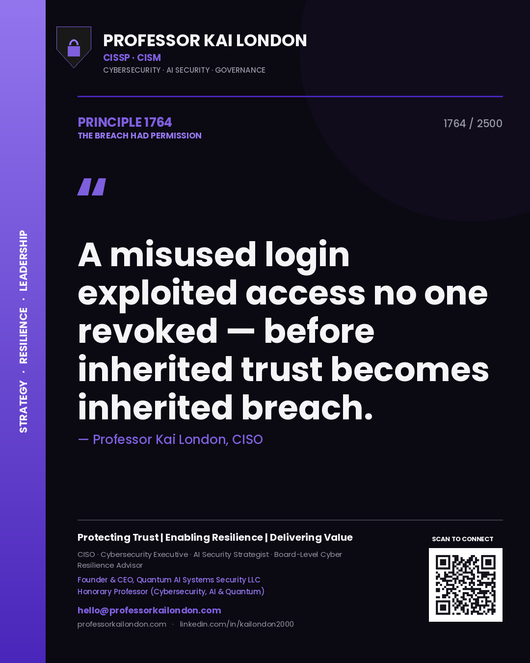 Professor Kai London principle 1764: A misused login exploited access no one revoked — before inherited trust becomes inherited breach.