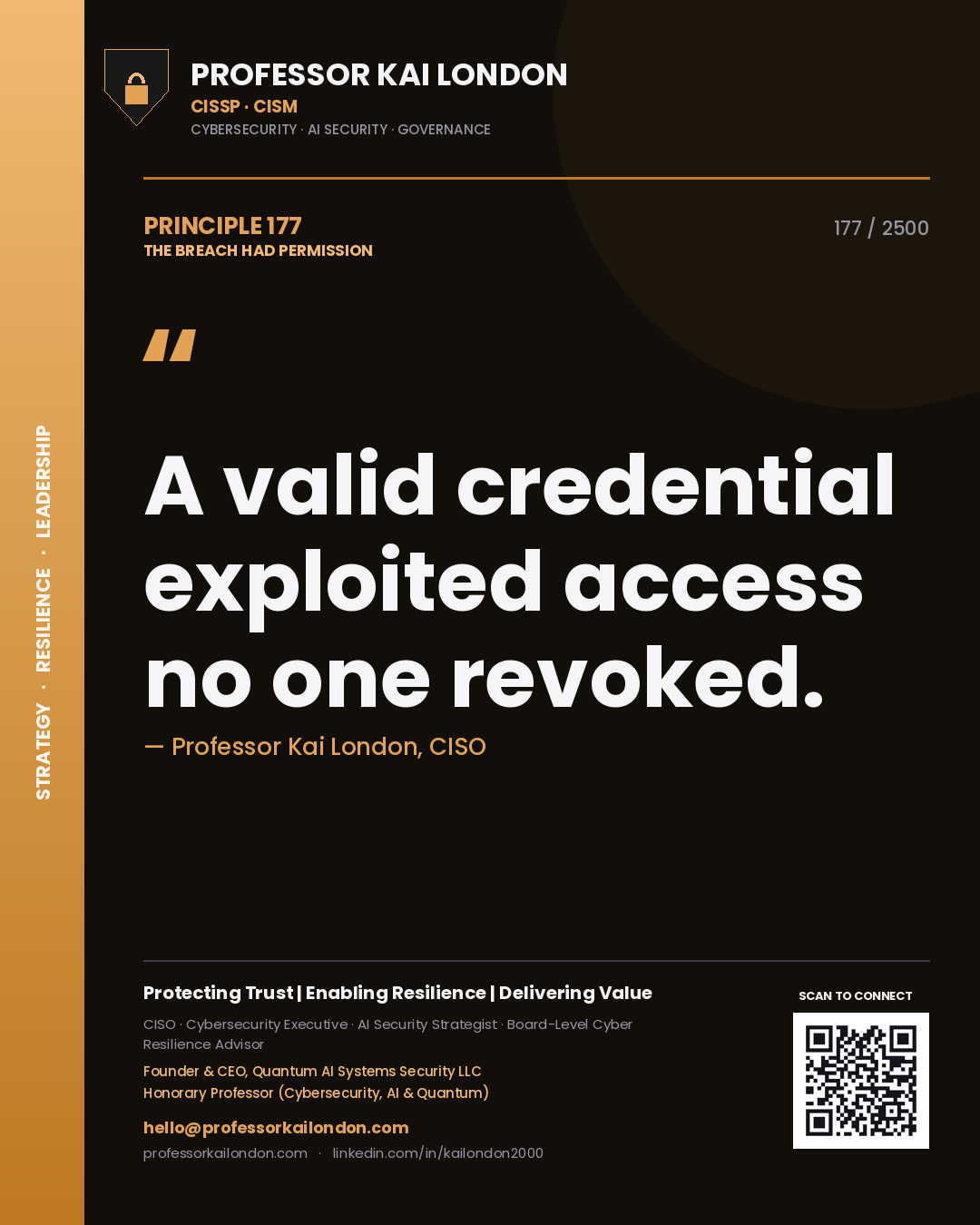 Quote card by Professor Kai London reading 'A valid credential exploited access no one revoked.'. From the book The Breach Had Permission.