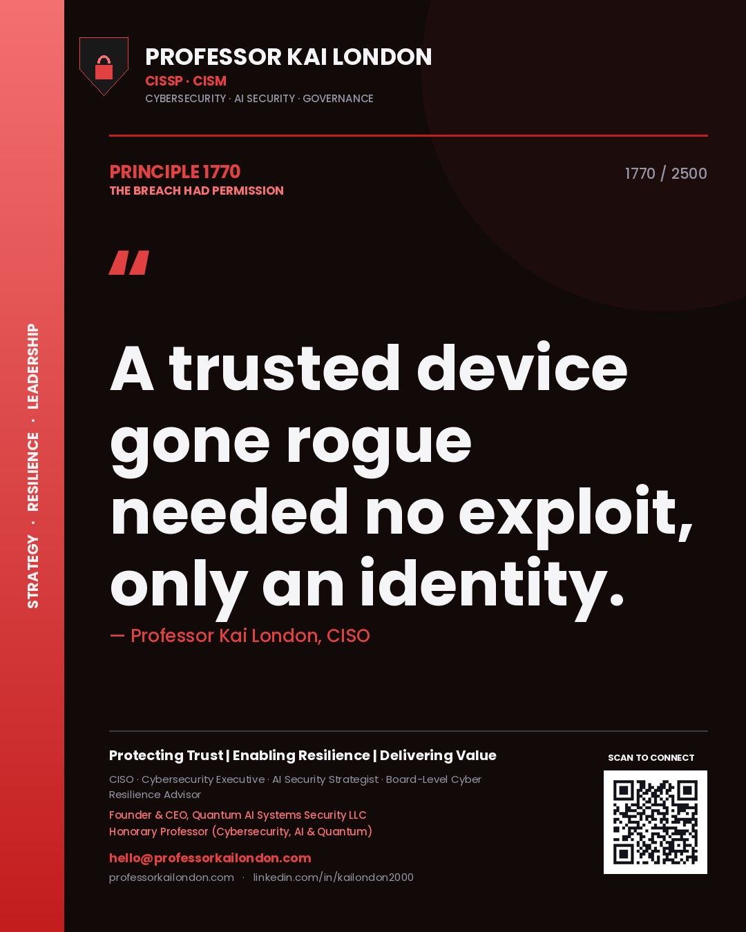 Quote card by Professor Kai London reading 'A trusted device gone rogue needed no exploit, only an identity.'. From the book The Breach Had Permission.