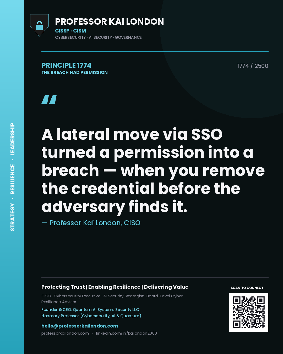 Professor Kai London principle 1774: A lateral move via SSO turned a permission into a breach — when you remove the credential before the adversary finds it.